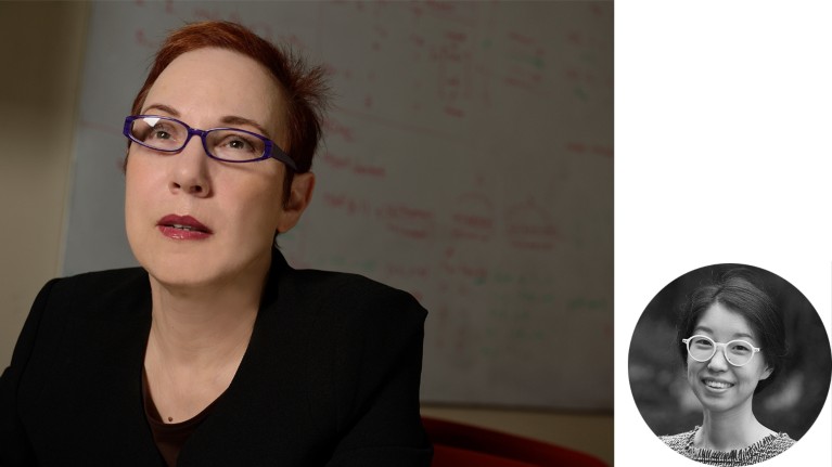 Composite of two images, one large image of Rachel Karchin sitting in front of a whiteboard, and a small circular cropped black and white portrait of Jean Fan