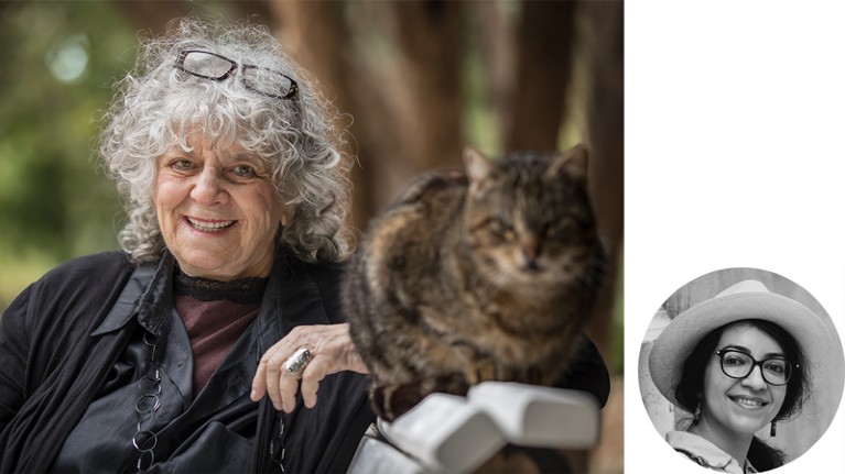 Composite of two images A large image of Ada Yonath sitting on a bench with a cat, and a small circular portrait in black and white from Samira Asgaria