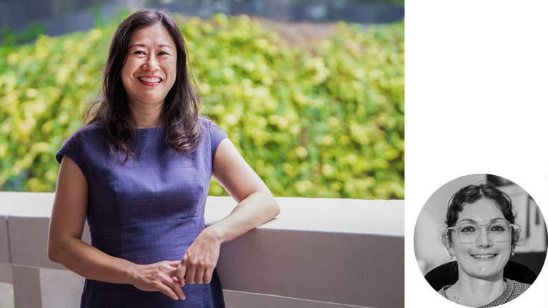 Composite of two images, one large image of Sierin Lim leaning on a wall outside, and a small circular cropped black and white portrait of Hortense Le Ferrand