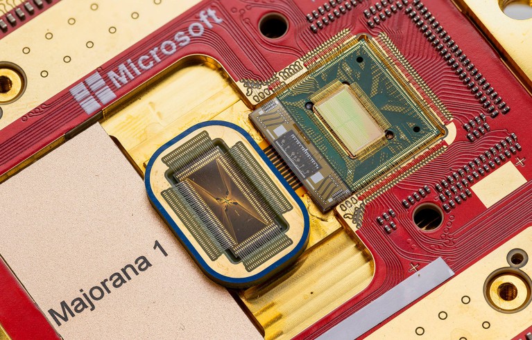 Close up view of the gold and red circuitry of Microsoft’s Majorana 1 chip.