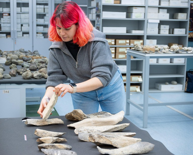 A female researcher with bright red dyed hair handles one of several bone tools arranged on a laboratory bench.