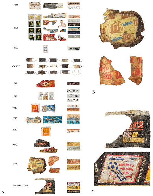 A timeline graphic of dateable plastic recovered from a Eurasian coot’s (Fulica atra) nest. The earliest identifiable scraps are from a Mars bar wrapper promoting the 1994 FIFA World Cup. Others include worn McDonalds and Doritos packaging and several facemasks from the COVID pandemic years.