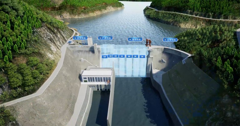 A rendering of the digital twin of Zaoshi Dam, showing how it will be constructed in the waterway.