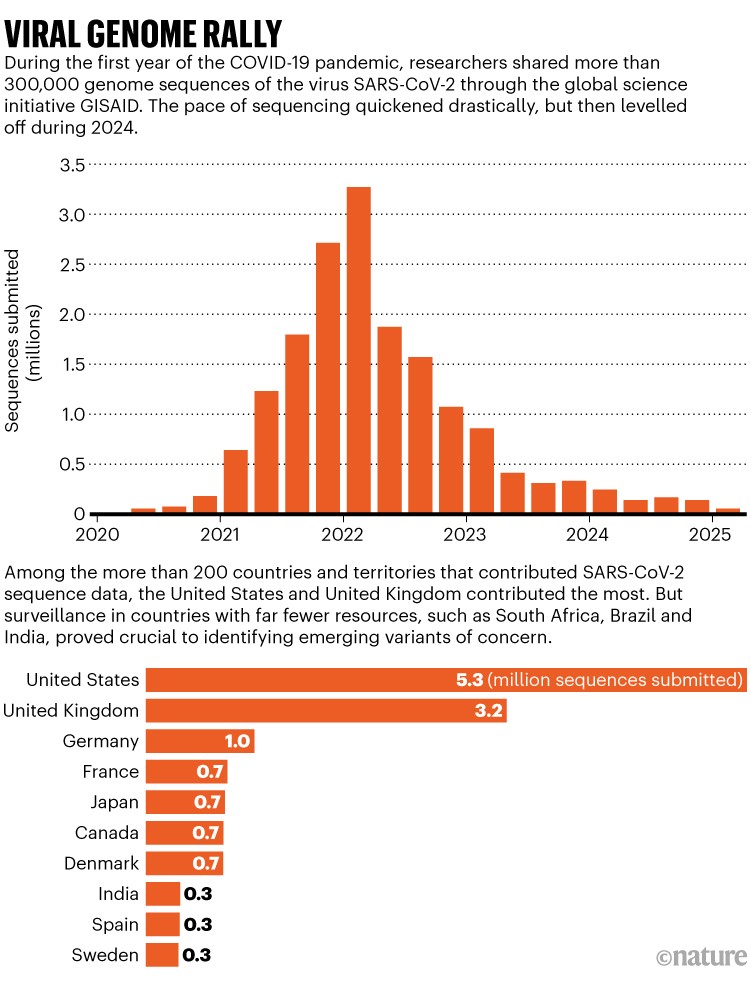 Viral genome rally. Bar charts showing sequences submitted by quarter and the top ten submitting countries. During the first year of the COVID-19 pandemic, researchers shared more than 300,000 genome sequences of the virus SARS-CoV-2 through the global science initiative GISAID. The pace of sequencing quickened drastically, but then levelled off during 2024. Among the more than 200 countries and territories that contributed SARS-CoV-2 sequence data, the United States and United Kingdom contributed the most.