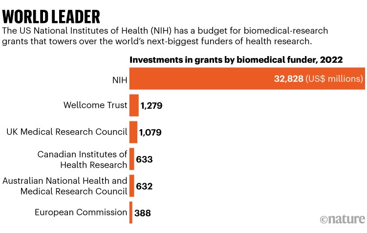 Leader mondiale. Grafico a barre che mostra investimenti in sovvenzioni da parte del finanziatore biomedico nel 2022. Gli Stati Uniti National Institutes of Health (NIH) hanno un budget per le sovvenzioni di ricerca biomedica che torna sui più grandi finanziatori del mondo della ricerca sulla salute.