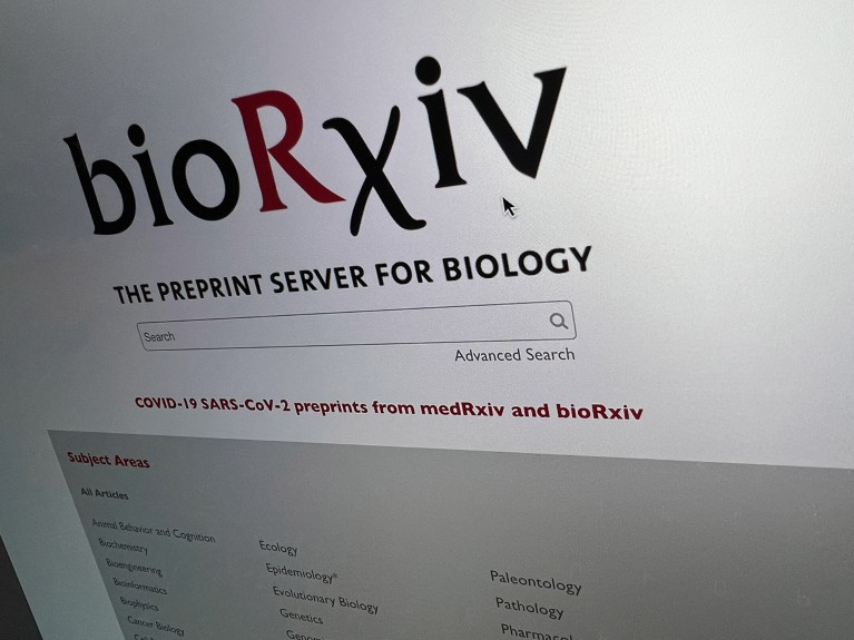 Close up view of the BioRxiv website displayed on a computer monitor.