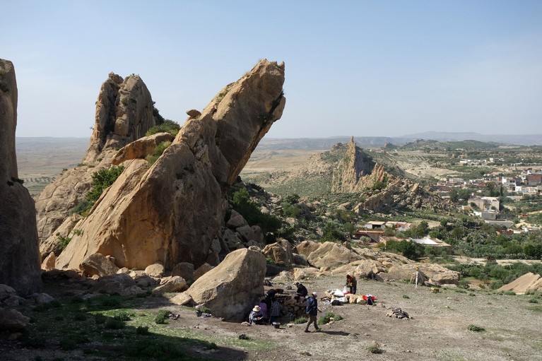 Elevated view of team members at work at the dig site at Doukanet el Khoutifa, Tunisia.