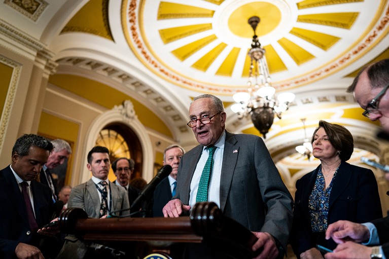 Chuck Schumer speaks at a news conference with other Democrats at the US Capitol in Washington, DC,