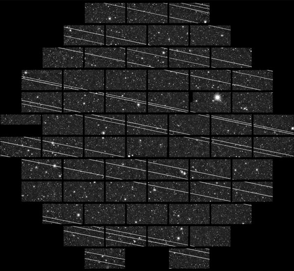 Rectangular telescope images of the night sky with bright, white streaks — caused by satellites — crossing the frames diagonally.