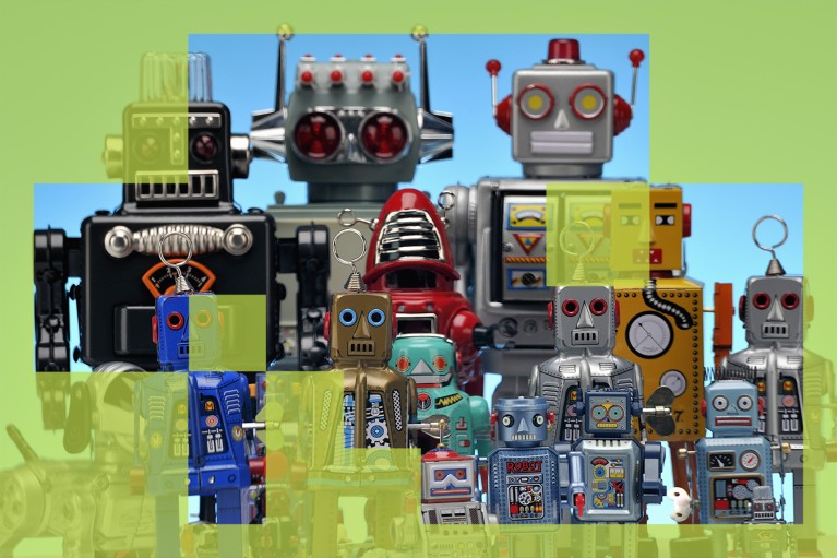 A large group of different robot toys posed together.