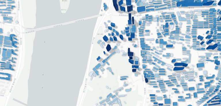 An aerial model of structures in Changsha, China, overlayed on a map of the city. Heights of buildings are highlighted in different shades of blue.