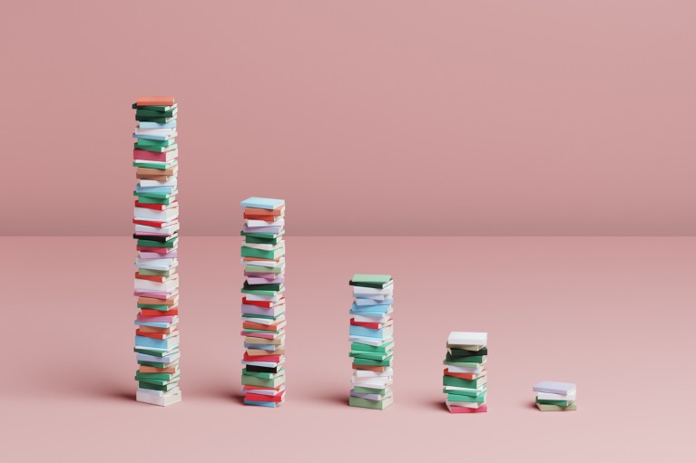 A 3D illustration of 5 piles of colourful books on a pink background, lined up in a row to resemble a bar chart, decreasing in height from left to right