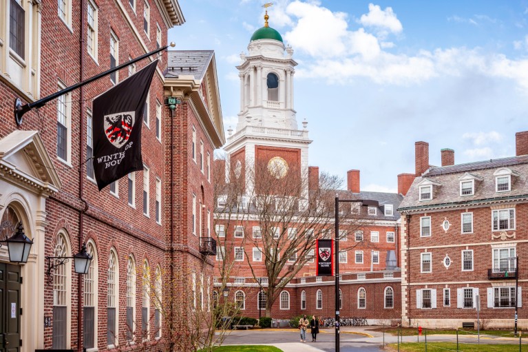 View of the brick architecture of the famous Harvard University.