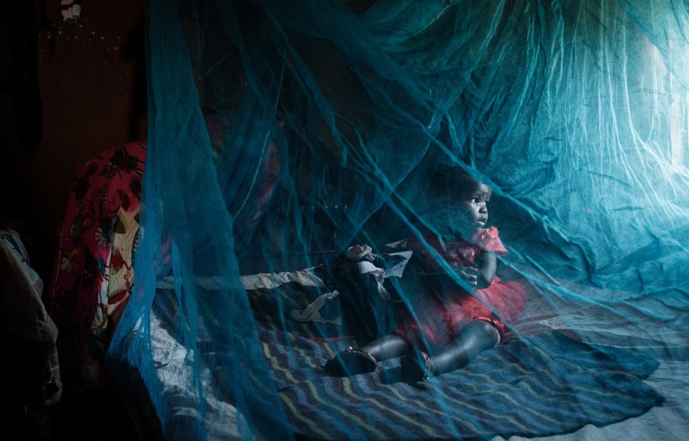 A young child sits on a blanket inside a large blue mosquito net