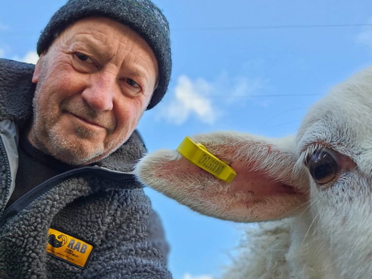 Nick Sheron posing for a close-up selfie with a white sheep