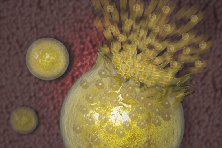 Green sphere bursting open with small spheres bursting out of it.