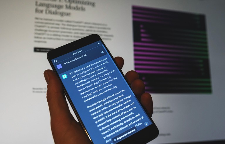 ChatGPT Open AI chat bot on mobile phone screen answering a user question about future of AI.