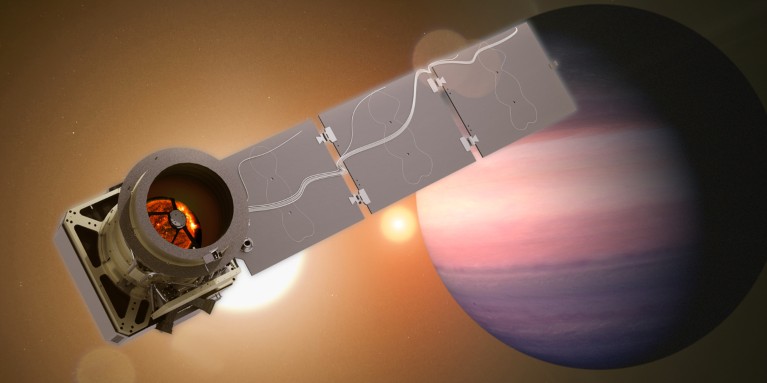 Illustration of the Pandora spacecraft with an exoplanet and two stars in the background