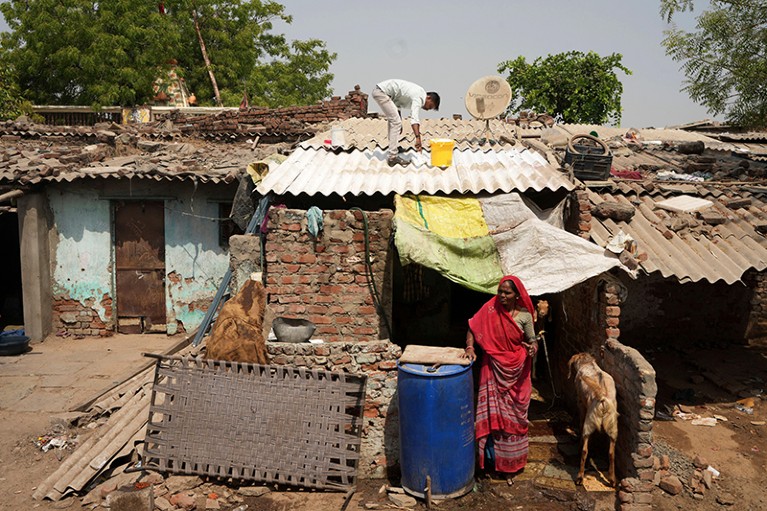 At upper centre, a person is paining the roof of a small brick building. Another person is standing below beside a blue water barrel, and a goat stands nearby.