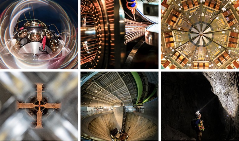 A series of six images from a variety of physics laboratories featuring closeups as well as wide views of large-scale facilities