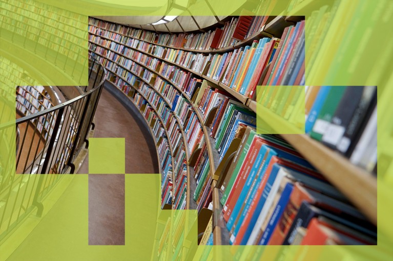 Shelves full of books curving away within the distance in a large library.