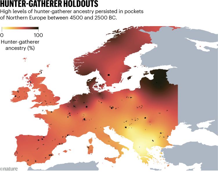 HUNTER-GATHERER HOLDOUT. Map shows European hunter-gatherer ancestry was most strongly present in the north between 4500 and 2500 BC.