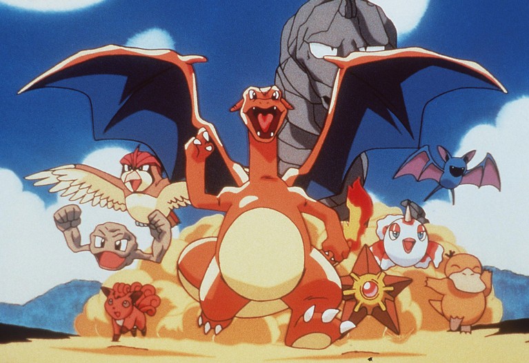A still from the 1998 animated movie "Pokémon: The First Movie" depicting a group of different Pokemon running towards the screen. Visible are Vulpix, Geodude, Pidgeot, Charizard, Onix, Staryu, Coldeen, Zubat and Psyduck.