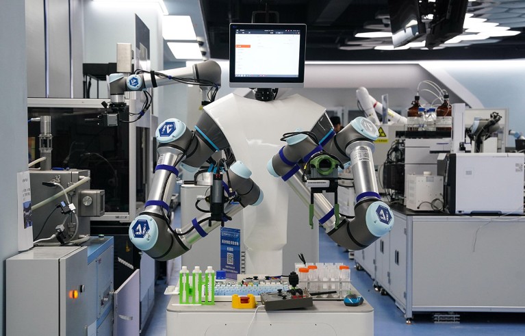A multi-limbed robot designed for chemistry research in a laboratory in China.