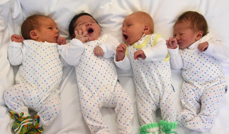 Four newly born babies lie beside each other on a bed.