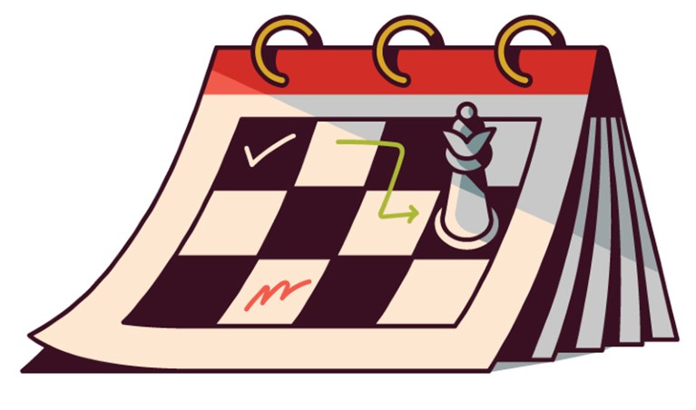 A stylised illustration of a calendar with a checkerboard pattern on it. A chess piece sits on a black square with a green arrow pointing to it.