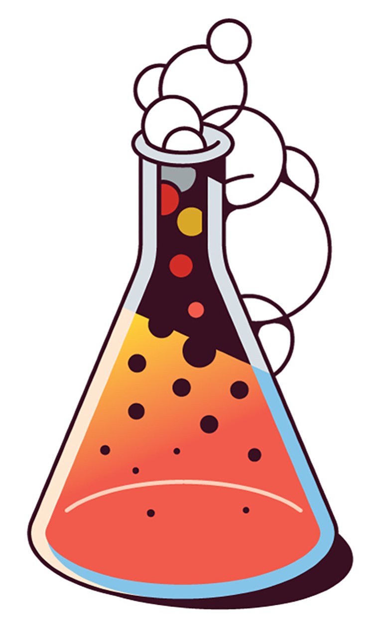 A stylised illustration of a glass scientific beaker filled with fluid that is bubbling over the edge.