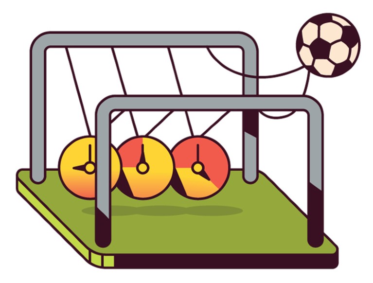 A stylised illustration of a series of hanging clocks. One is in the pattern of a football and has been knocked into the air by the clocks.