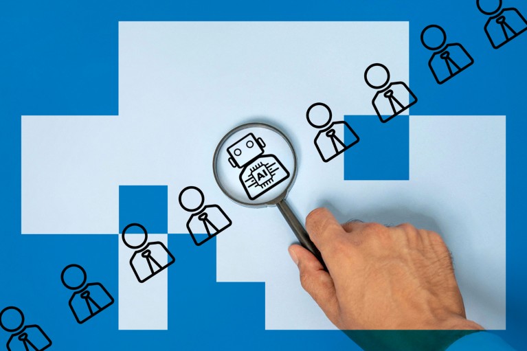 A hand holding a magnifying glass focusing on a robot icon among a row of human icons on a diagonal angle, representing the concept of artificial intelligence replacing human jobs with a blue boxy overlay