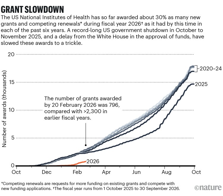 Grant slowdown. Line chart showing number of awards granted throughout the years 2020 to 2026. The US National Institutes of Health has so far awarded about 30% as many new grants and competing renewals during fiscal year 2026 as it had by this time in each of the past six years. A record-long US government shutdown in October to November 2025, and a delay from the White House in the approval of funds, have slowed these awards to a trickle.