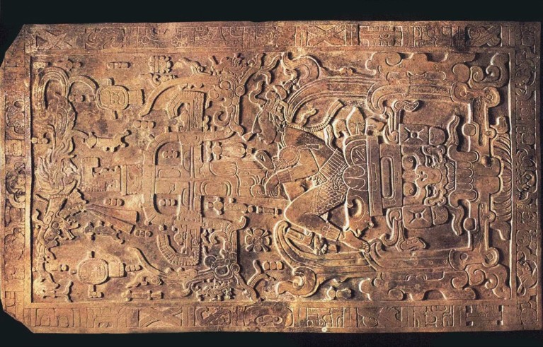 Rectangular stone slate with Maya carved drawings found in the tomb of King Pakal from the Temple of the Inscriptions, Palenque.