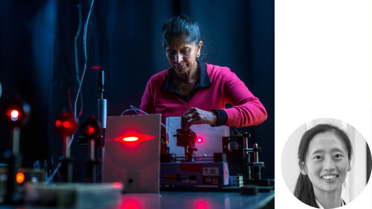 Anita Mahadevan-Jansen working with a laser in a darkened laboratory alongside a headshot of Jiawen Li