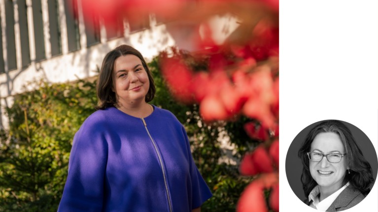 Anna Abalkina outside of an academic building with red blossom in the foreground alongside a headshot of Elisabeth Bik.