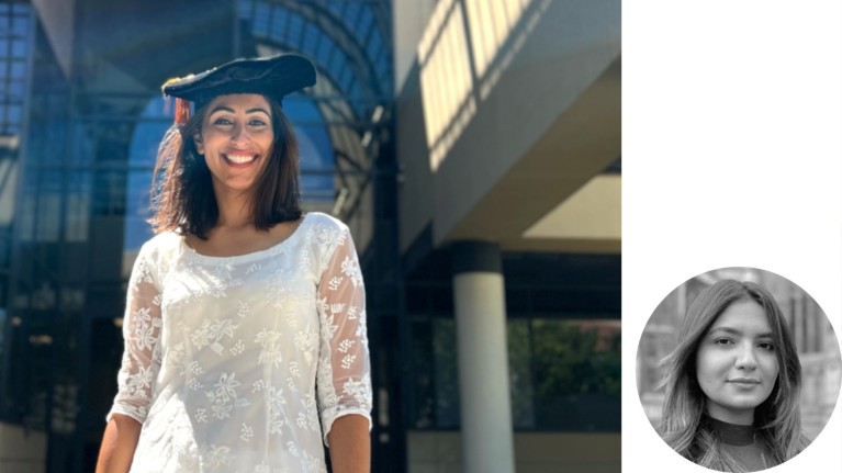 Maha Yusuf outside of an academic building wearing a graduation cap alongside a headshot of Maheera Ghani.