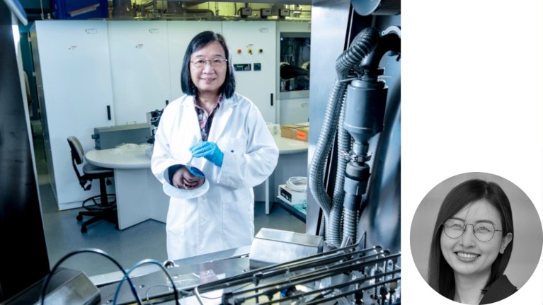 Kei May Lau in her semiconductor laboratory alongside a headshot of Yating Wan.