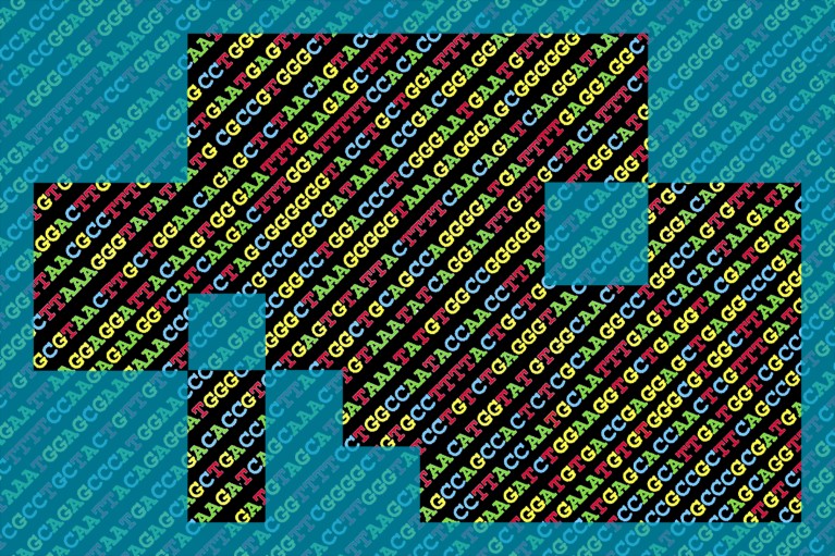 Illustration of the nucleotide bases of DNA as lines of multicoloured letters.