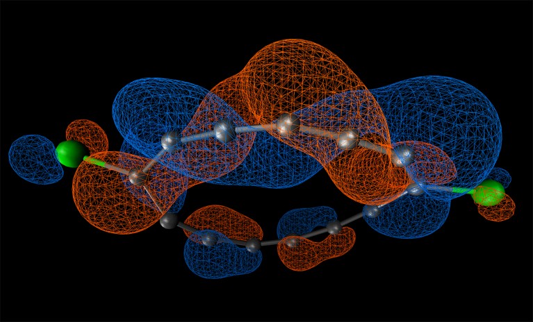 Dyson orbital for electron attachment to the half-Möbius molecule, calculated using quantum hardware.