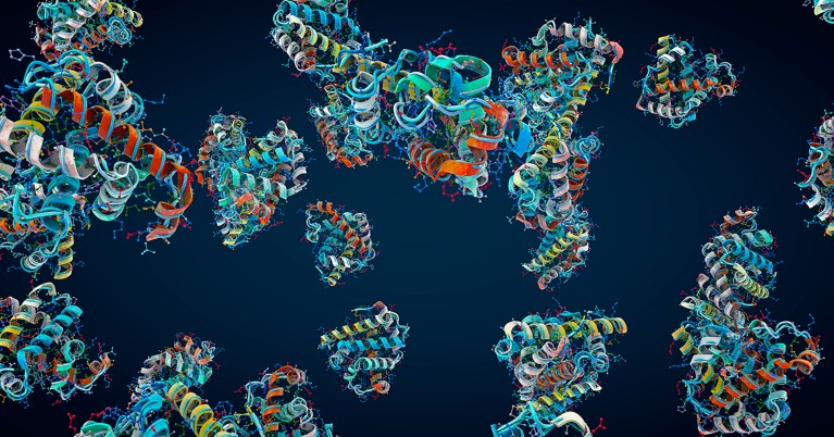 A computer rendered illustration of protein molecules.