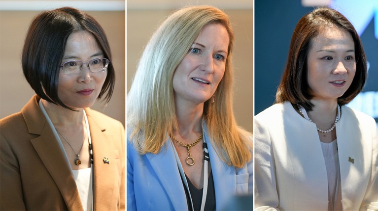 The winners of this year’s Sony women in technology, two Asian women, left and right, and one blonde caucasian woman in the center.