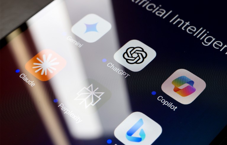 The logos of Google Gemini, ChatGPT, Microsoft Copilot, Claude by Anthropic, Perplexity and Bing are displayed on a smartphone screen.