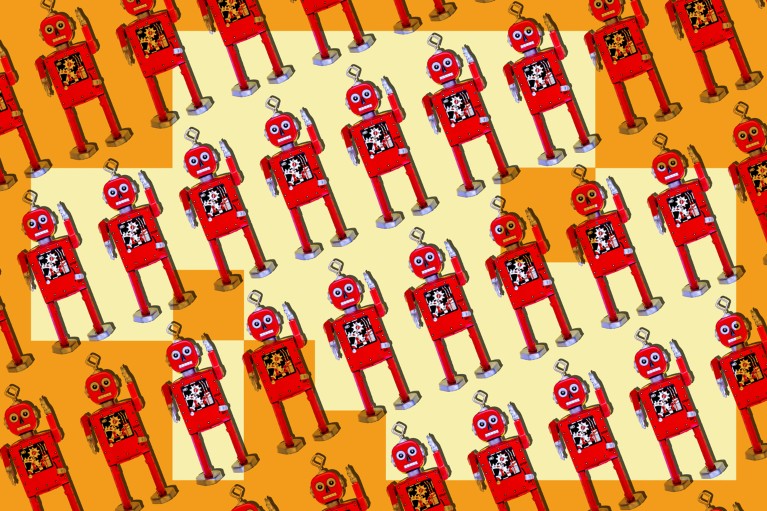 A repeated diagonal pattern of many red toy robots on a pale yellow background, with a translucent orange blocky overlay