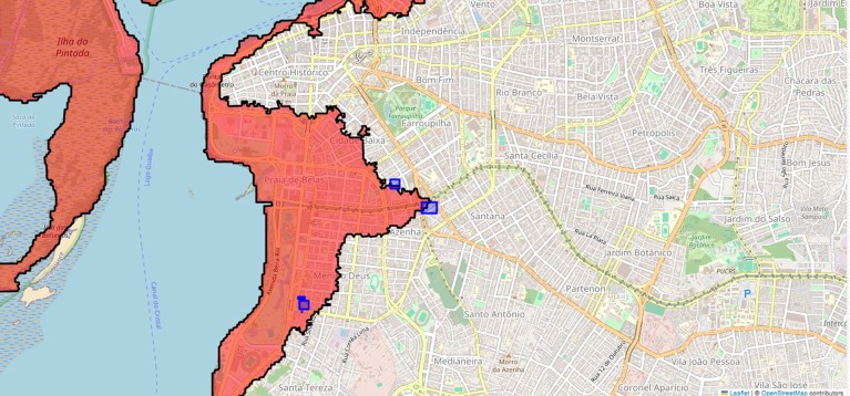 Interactive flood mapping of Porto Alegre, Brazil, showing land mass and city areas with flood-zone modelling.