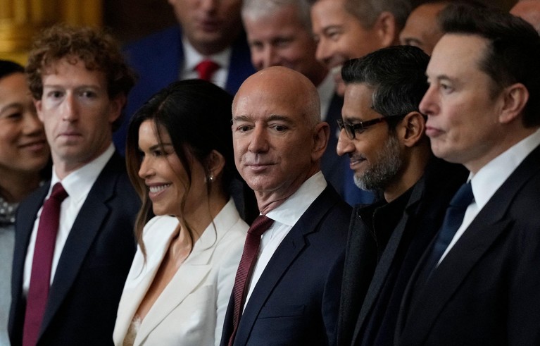 Guests including Mark Zuckerberg, Jeff Bezos, Sundar Pichai and Elon Musk, arrive before the 60th Presidential Inauguration in the Rotunda of the U.S. Capitol in Washington.