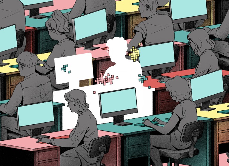 A stylized illustration of a crowded office environment where people sit at rows of desks, each with a computer monitor. All individuals are shown in muted grey tones. At the center, a person is missing, replaced by white, cut‑out silhouette covered by small coloured pixels around the edges, creating an effect of fading or digital deletion.