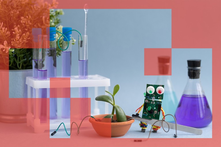 A small handmade toy robot posed amongst plants, vials, and test tubes so as to appear they are undertaking scientific research.