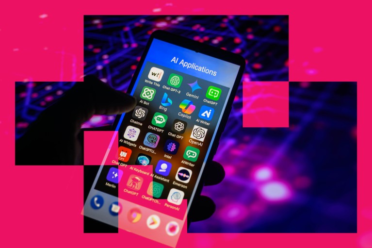 A hand holds a smartphone with a screen showing a whole folder of AI applications with a translucent magenta pink blocky overlay
